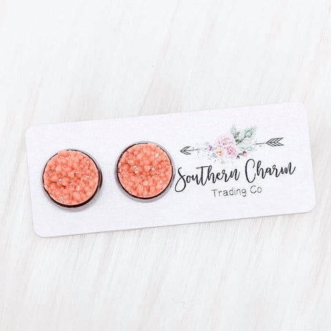 Coral Druzy Stud Earrings