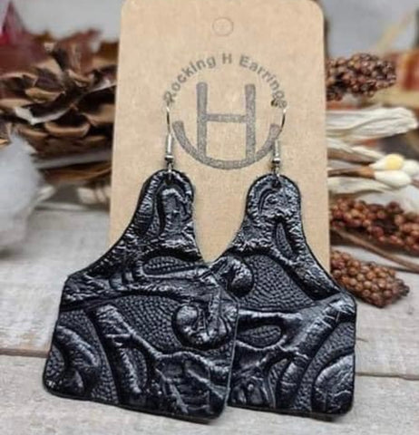 Black Swirl Embossed Cow Tag Earrings