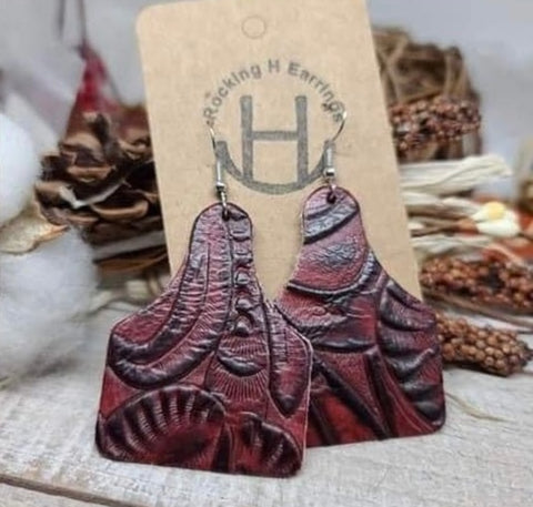 Burgundy Embossed Cow Tag Earrings