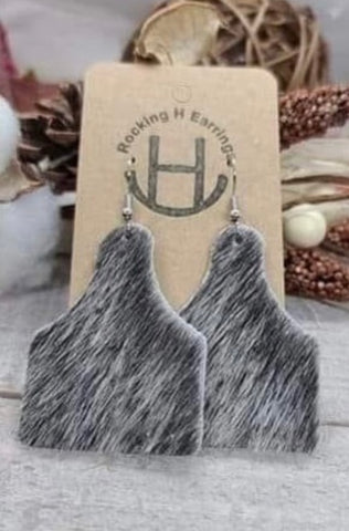 Grey Hair on Hide Cow Tag Earrings