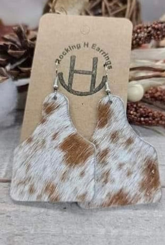 Red & White Hair on Hide Cow Tag Earrings